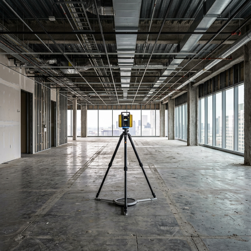 An empty shell space is scanned before build-out design begins.